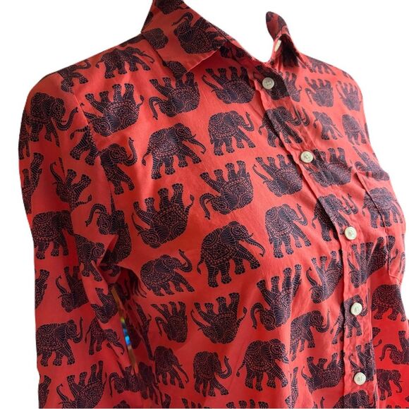 J. Crew Elephant Print Cotton Button Up | XS | EUC | Coral and Navy Blue - Picture 5 of 8